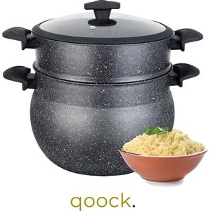 Qoock | XL Couscouspan | Couscoussier | 8L | Marmer-coating | Glazen Deksel | Inductie