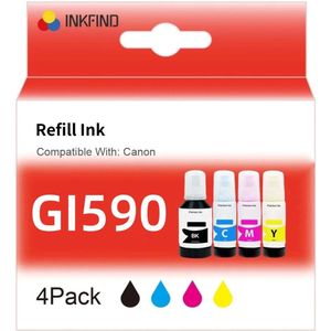 INKFIND GI590 GI490 inkt gezicht voor CanonGI590 CanonGI490 CanonGI-590 CanonGI-490 Canon GI590 Canon GI490 Canon GI-590 Canon GI-490 Megatank 4-kleuren multipack voor Canon PIXMA G1500 G2500 G3500 G4500 Canon PIXMA G1400 G2400 G3400 G4400