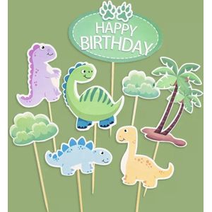 Dinosaurus Taart Versiering - Dino Versiering - Happy Birthday - Dino Taart Decoratie - Jungle Taart Topper -Dino Taart Decoratie - Cupcake Versiering - Verjaardag Meisje - Verjaardag Jongen - Kinderfeestje - Taart Prikkers - Taarttopper