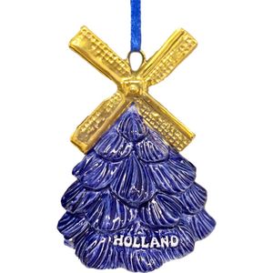 Kerstboom hanger kerstboom Delftsblauw met gouden molen wieken