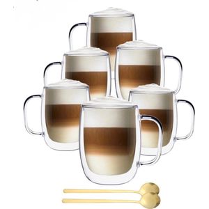 Dubbelwandige Koffieglazen Met Oor Met Gratis 6x Lepels - Latte Macchiato Glazen - 400ML - Dubbelwandige Theeglazen - 6x - Cappuccino Glazen - Koffieglazen