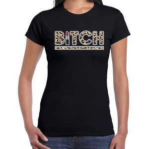 Fout Bitch lipstick t-shirt met panter print zwart voor dames - dierenprint fun tekst shirt / outfit XS