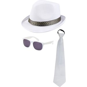 Toppers - Carnaval verkleedset Men in white - hoed/zonnebril/party stropdas - wit - heren/dames - verkleedkleding accessoires