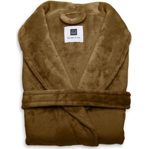 Luxe unisex fleece badjas cognac bruin - S - heerlijk zacht en comfortabel - lang model - met steekzakken, kraag en riem - hoogwaardige kwaliteit