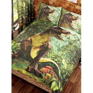 1-persoons jongens dekbedovertrek (dekbed hoes) “T-Rex” groen met grote levensechte brullende dinosaurus (dino) tussen bomen, struiken, planten en paddenstoelen in de wilde natuur eenpersoons 140 x 200 cm (stoer cadeau voor kinderen / kinderkamer!)