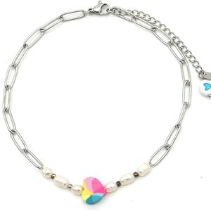 Enkelbandje Hart en Parels - RVS - Anklet - Lengte Verstelbaar 22-27 cm - Zilverkleurig