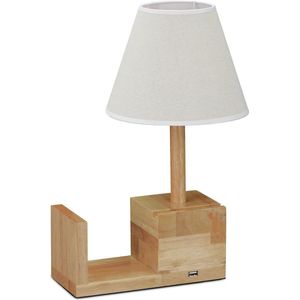 Relaxdays tafellamp usb - nachtlamp - boekensteun - telefoonhouder hout - tafellampje E27