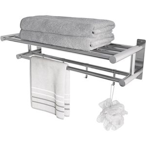 Handdoekenrek met schuifhaken - roestvrijstalen handdoekhouder - dubbele rij handdoekplank - wandgemonteerde handdoekhouder - hotelstijl doucheplank - chroom - 60 cm lang - badkamer