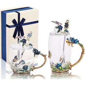 vlinder bloem glazen koffiemok met lepels en deksels, pak van 2 sets met geschenkdoos voor vrouw, moeder, grootmoeder, vriendin, zussen, Kerstmis, verjaardag (blauw)