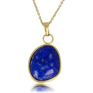 *My Bendel - Gouden ketting in combinatie met grote ronde Lapis Lazuli hanger - Opvallende combinatie van gouden schakelketting en grote ronde Lapis Lazuli edelsteen - Met luxe cadeauverpakking