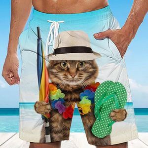 Kat gaat naar het strand Zwembroek - Prachtig ontwerp - Prachtige korte broek - Hawaii - Parasol - Paraplu - Slippers - Heren