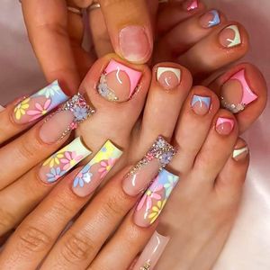 48-delige set lange vierkante roze plaknagels - Franse bloemenkunstnagels, tenen, opdrukken