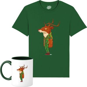 Kris het Kerst Hert - Foute Kersttrui Kerstcadeau - Dames / Heren / Unisex Kleding - Grappige Kerst Avond Outfit - Unisex T-Shirt met mok - Bottle Groen - Maat S