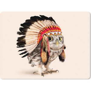 Mousepad xxl - Muismat grappig - Bureau onderlegger xxl - Bureau accessoires - Dier - Uil - Indiaan - Vogel - 80x60 cm