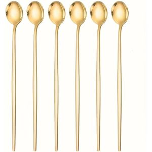 6st Gouden Lange Koffieroer Kleine Ronde Lepel, Koffielepel, Theelepels, Roestvrijstalen Lange