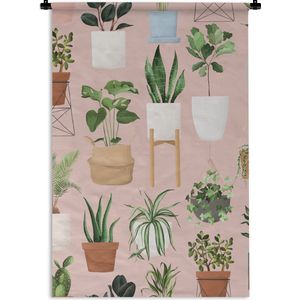 Wandkleed PlantenKerst illustraties - Illustratie van verschillende planten op een roze achtergrond Wandkleed katoen 60x90 cm - Wandtapijt met foto