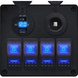 ProRide Schakelpaneel 12V voor Auto/Boot - USB Lader met Sigaretten stopcontact - 5V/2.4A - 4 schakelaars