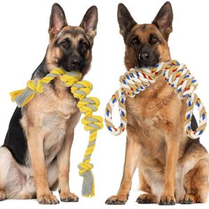 Hondenspeelgoed onverwoestbaar groot hondentouw, 55 cm + 57 cm hondenspeelgoedtouw met knopen van katoen, kauwspeelgoed hondentouw en trekspeelgoed hondenspeelgoedtouw voor grote en middelgrote honden