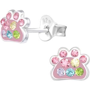 Joy|S - Zilveren kat hond dierenpoot oorbellen - roze met kristal multicolor - 7 x 5 mm - poot afdruk