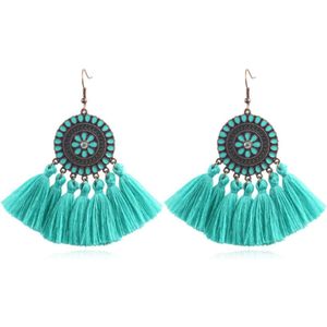 Bohemian Ibiza oorbellen hangers met katoenen kwastjes kleur turquoise