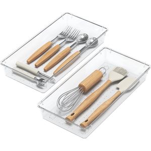 Bestekbak voor laden, set van 2 transparante bestekbakken voor keukenladen, stapelbaar, bestek, zilverwaren, bestekbak voor lepels, vorken, messen, accessoires, 14,6 x 29,6 cm