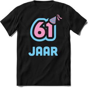 61 Jaar Feest kado T-Shirt Heren / Dames - Perfect Verjaardag Cadeau Shirt - Licht Blauw / Licht Roze - Maat XL