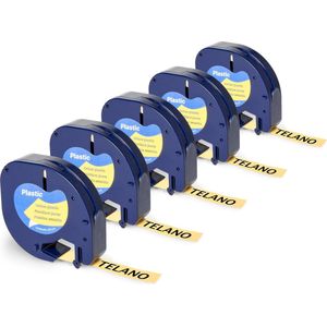 TELANO® 5 stuks Plastic Labels 91202 voor Dymo LetraTag Labelprinter - Zwart op Geel - 12 mm x 4 m – S0721620 Labeltape