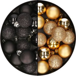 28x stuks kleine kunststof kerstballen zwart en goud 3 cm - kerstversiering
