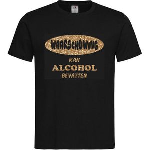 T-shirt Unisex Volwassenen Lol - carnaval - kermis - feestje - grappig Tekst ""Waarschuwing Kan alcohol bevatten"" Op Voorkant | korte mouw | Zwart/Goud GLITTER | maat M