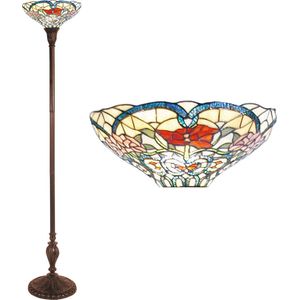 HAES DECO - Tiffany Vloerlamp Ø 35x180 cm Beige Rood Glas Driehoek Bloemen Staande Lamp Staanlamp Tiffany Lamp