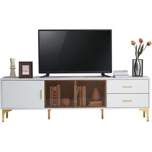 Merax Elegante TV-Schrank in Wit-Gouden Marmerlook - 170x35x50 cm - Geschikt voor 70 inch TV - Met 2 Laden - 3 Deuren en LED Verlichting