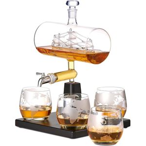 Oak & Steel - Whisky Decanter (Sail Ship, 1000ml) with Stainless Steel Faucet, and 4 Whisky Glasses (300ml) - Ideal Birthday and Christmas Gift for Men.