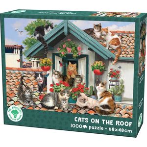 Mr. Broccoli Puzzel 1000 Stukjes Volwassenen - Cats on the Roof - Legpuzzel Katten en Poezen op het Dak - FSC® - Dieren Collectie - 68 x 48 cm