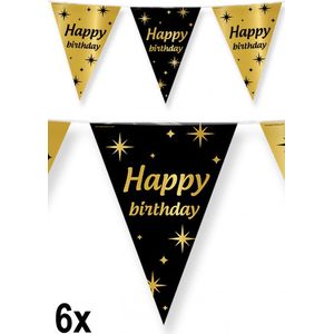 6x Luxe Vlaggenlijn Happy Birthday zwart/goud 10 meter - Classy - Dubbelzijdig bedrukt - Abraham Sarah festival thema feest party