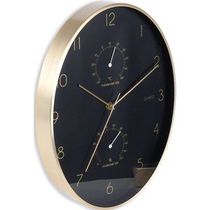 Wandklok Zwart Gouden met Hygrometer Thermometer 27x34,5 cm - Uurwerk - Keukenklok - Wand - Muur - Klok