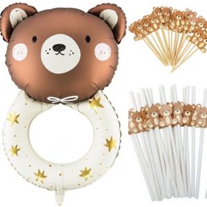 51-delige set Teddy Beer met folie ballon Rammelaar, cupcake prikkers en rietjes - beer - ballon - rietjes - babayshower - rammelaar - geboorte - cupcake