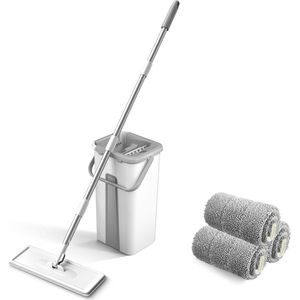 Dweilmop Set met Emmer – 360° Roterende Microvezel Mop met Handsfree Wringfunctie – Geschikt voor Nat & Droog Schoonmaken – Inclusief 3 Wasbare Pads – Voor Houten Vloeren, Tegels, Laminaat en Marmer – Crèmekleur