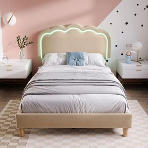 Gestoffeerd bed LED-eenpersoonsbed 90 x 200 cm, bedframe met lattenbodem en verstelbaar hoofdeinde, gestoffeerd bed in beige, bedframe jeugdbed voor slaapkamer logeerkamer linnenmateriaal