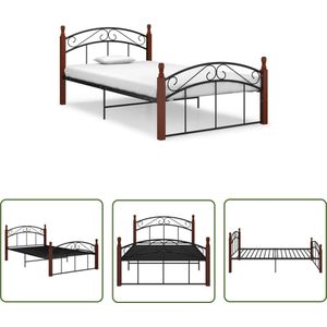 The Living Store Metalen bedframe - Trendy Ontwerp - Bedframe - 210 x 127 x 90 cm - Ken- Zwart - Donkerhout - The Living Store