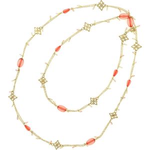 Behave Dames lange ketting goud-kleur met rood oranje kralen 138 cm