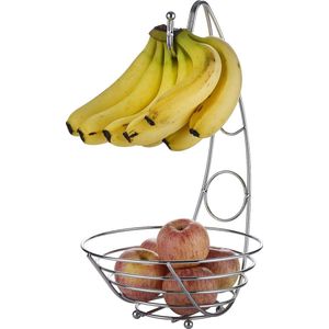 Fruitmand/fruitmand 43 cm hoog, fruit-/fruitkom, draagdraad met bananenhaak, opslag voor groenten en fruit, kleur chroom zilver