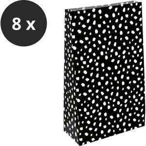 8 x Papieren XL Cadeauzakjes Blokbodem | Traktatie Grote Uitdeelzakjes | Stippen Zwart Wit | Leuke Verpakking Cadeau | 14 x 8 x 26 cm