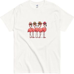 Dames en Heren T Shirt - Hallo Zomer - Komische Flamingo's - Korte Mouw - Wit - L