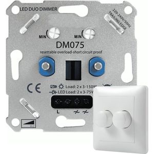 DUO LED DIMMER met Wit afdekraam - 2 x 3-75W Elektronische zekering - Fase afsnijding - inbouw