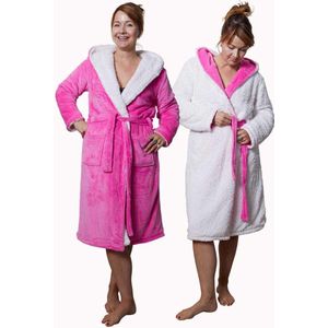 2 kanten draagbare badjas met teddy voering - hardroze - capuchon - unisex model L/XL - reversible badjas fleece