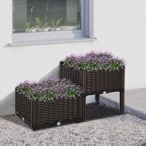 Hochbet, planter met afvoergaten, bloemdoos in rotan look, pp, bruin, 40 x 40 x 44 cm