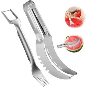 Stainless steel fruit slicer 2 in 1 double head fruit fork watermelon cutting tool - Dragon fruit papaya watermelon cutting fork (2 stuks)