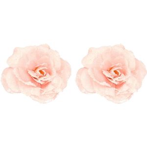 2x Roze roos kerstversiering clip decoratie 12 cm - Kerstboom rozen roze op clip 2 stuks