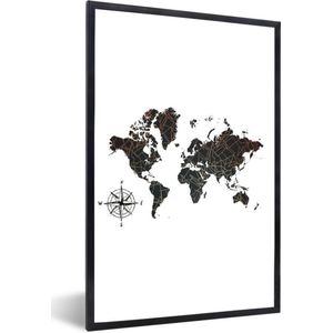 Fotolijst incl. Poster - Wereldkaart - Brons - Kompas - 60x90 cm - Posterlijst