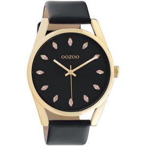 OOZOO Timepieces - goudkleurige horloge met zwarte leren band - C10842 - Ø45